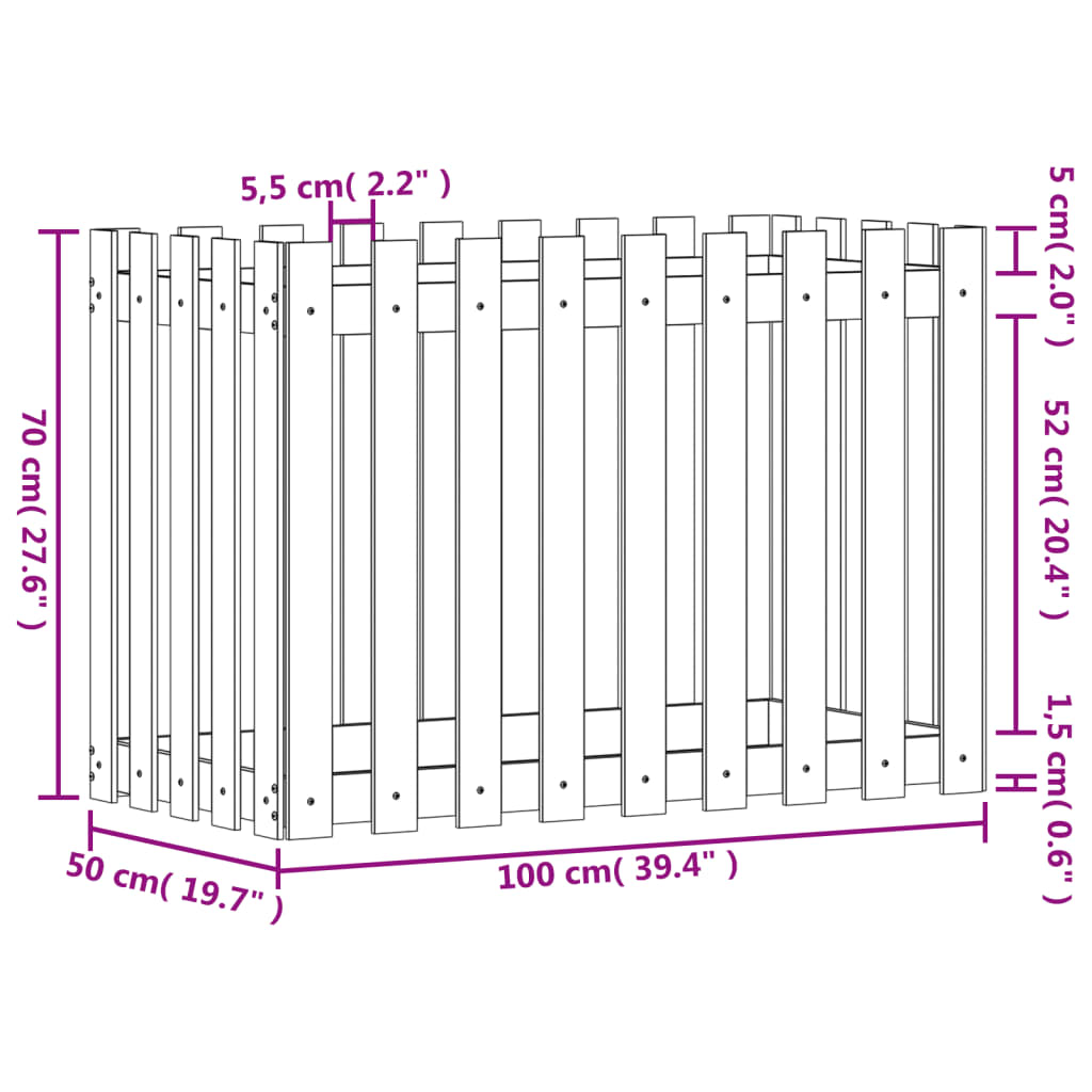 højbed med stakitdesign 100x50x70 cm massivt fyrretræ hvid