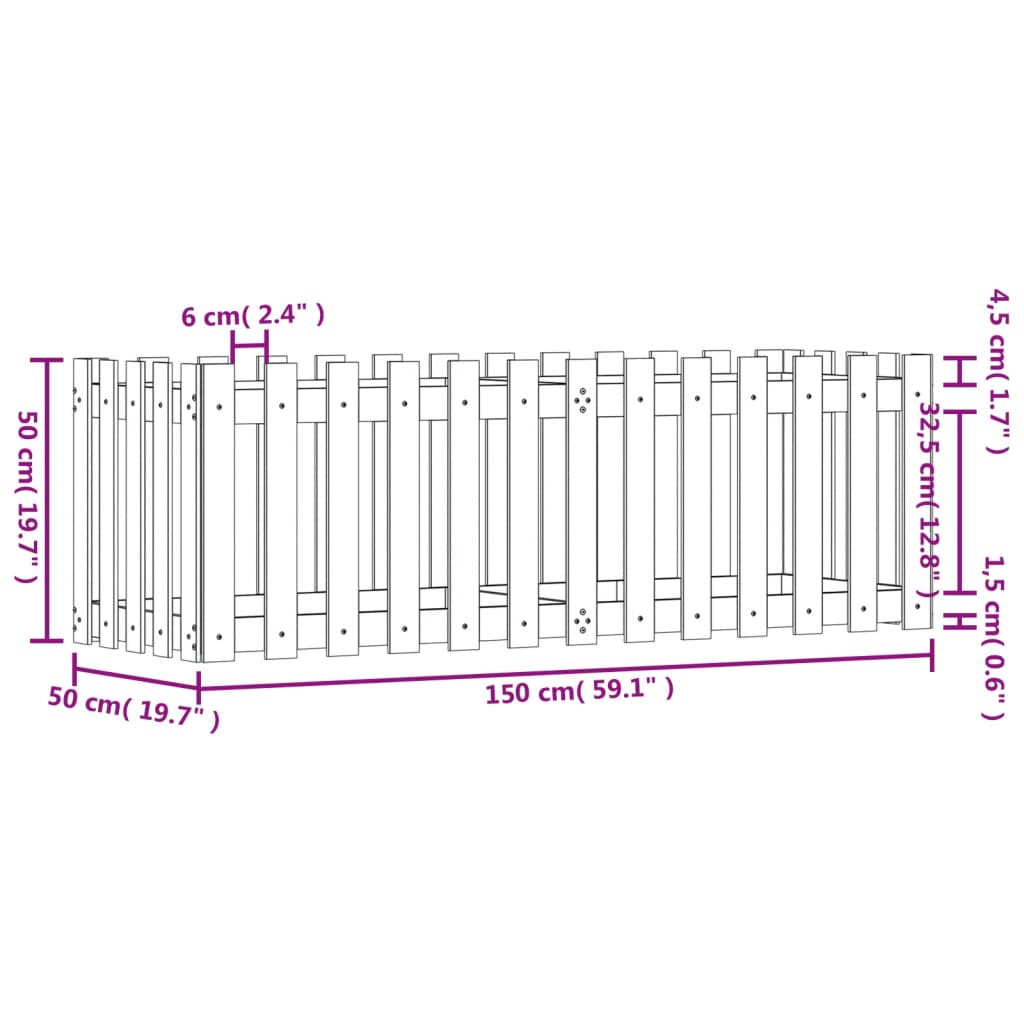 højbed med stakitdesign 150x50x50 cm massivt fyrretræ