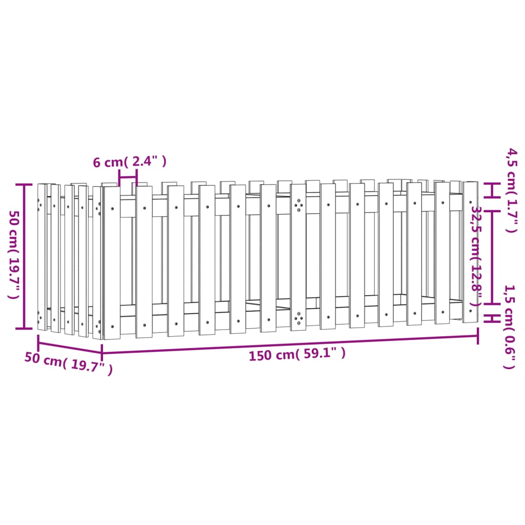højbed med stakitdesign 150x50x50 cm massivt fyrretræ hvid