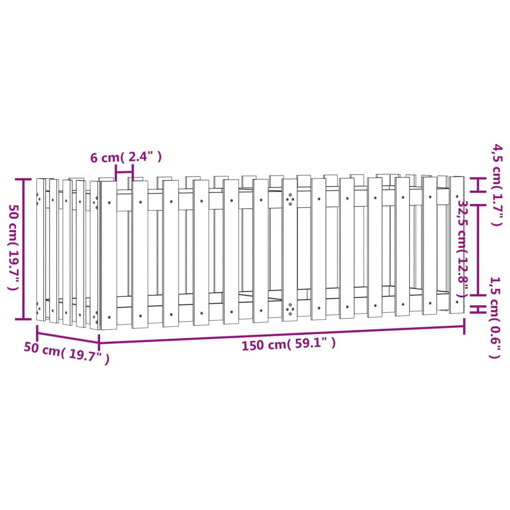 højbed med stakitdesign 150x50x50 cm imprægneret fyrretræ