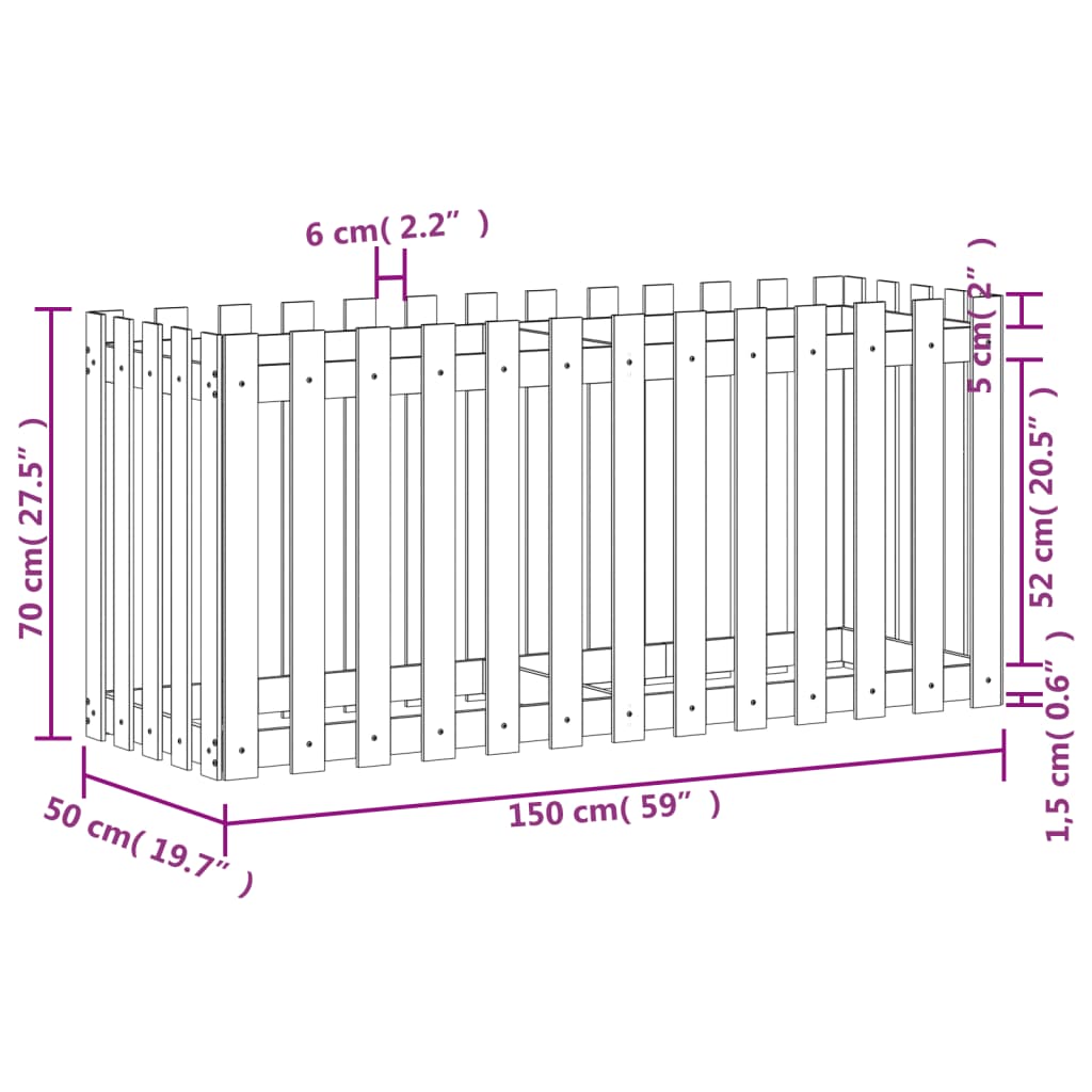 højbed med stakitdesign 150x50x70 cm massivt fyrretræ hvid
