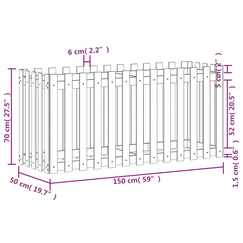 højbed med stakitdesign 150x50x70 cm massivt douglasgran