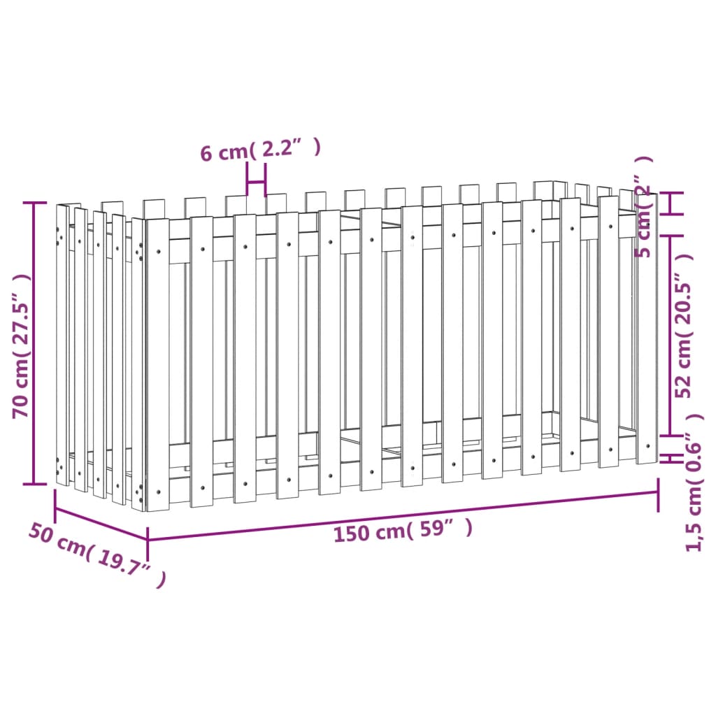 højbed med stakitdesign 150x50x70 cm imprægneret fyrretræ
