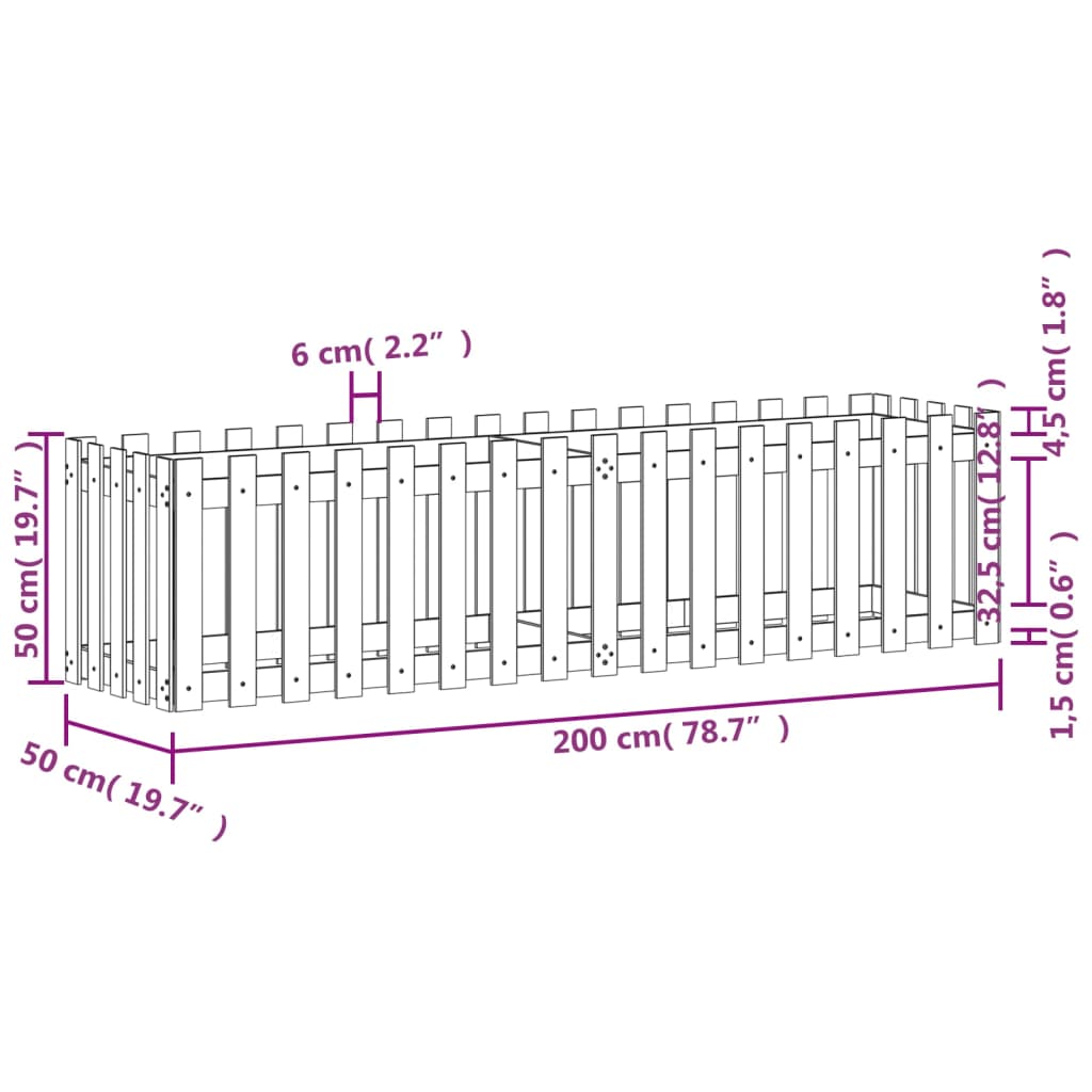 højbed med stakitdesign 200x50x50 cm massivt fyrretræ hvid