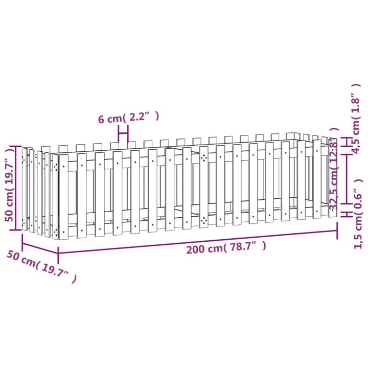 højbed med stakitdesign 200x50x50 cm massivt fyrretræ hvid