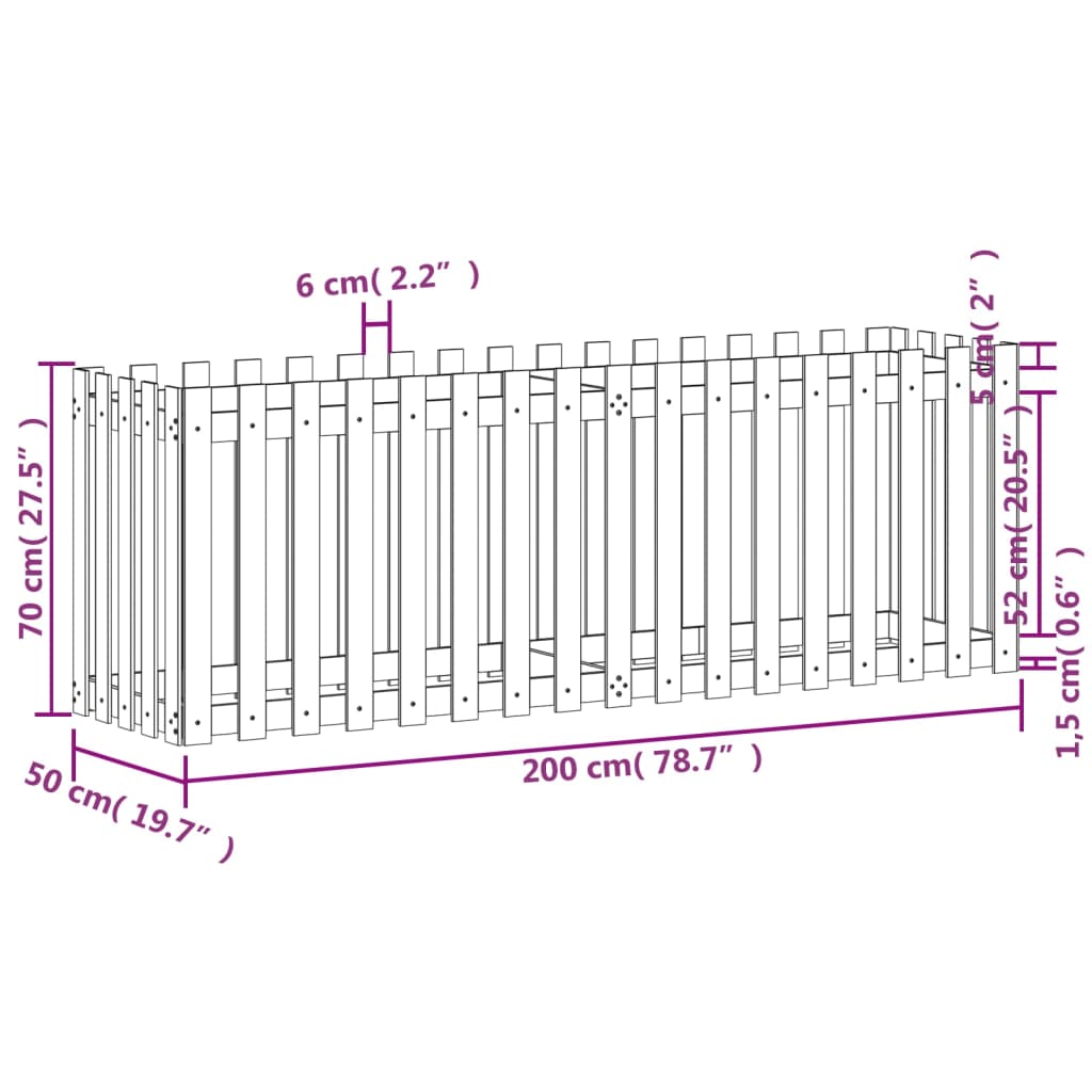 højbed med stakitdesign 200x50x70 cm massivt fyrretræ