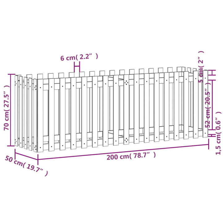 højbed med stakitdesign 200x50x70 cm massivt fyrretræ