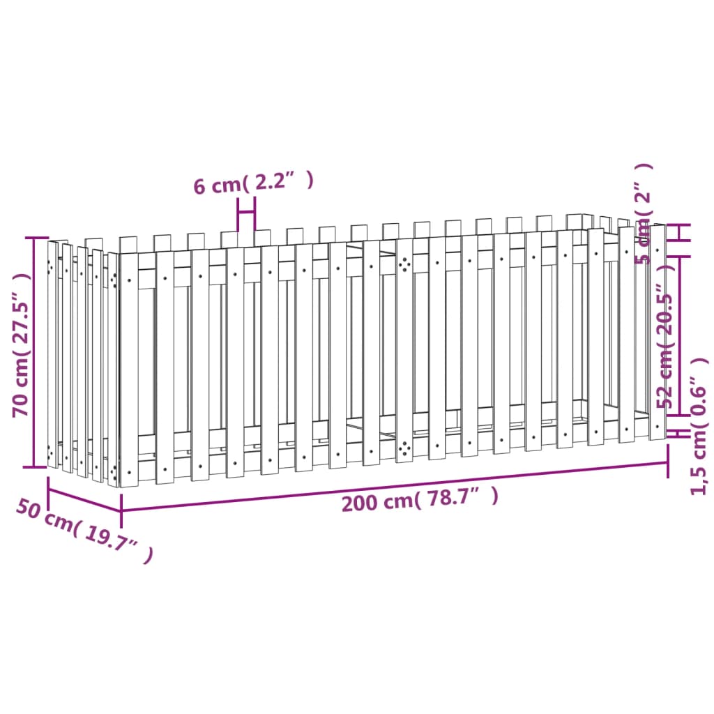 højbed med stakitdesign 200x50x70 cm massivt fyrretræ sort