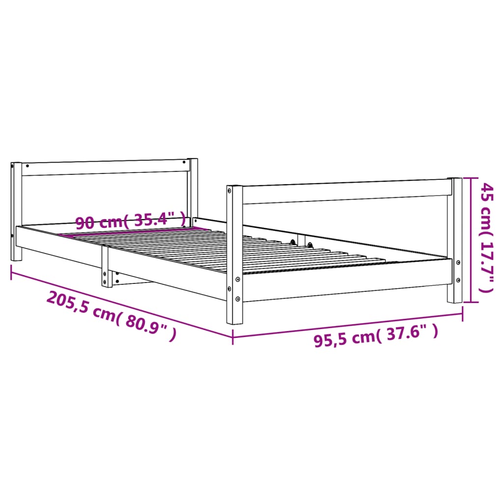 sengeramme til juniorseng 90x200 cm massivt fyrretræ sort