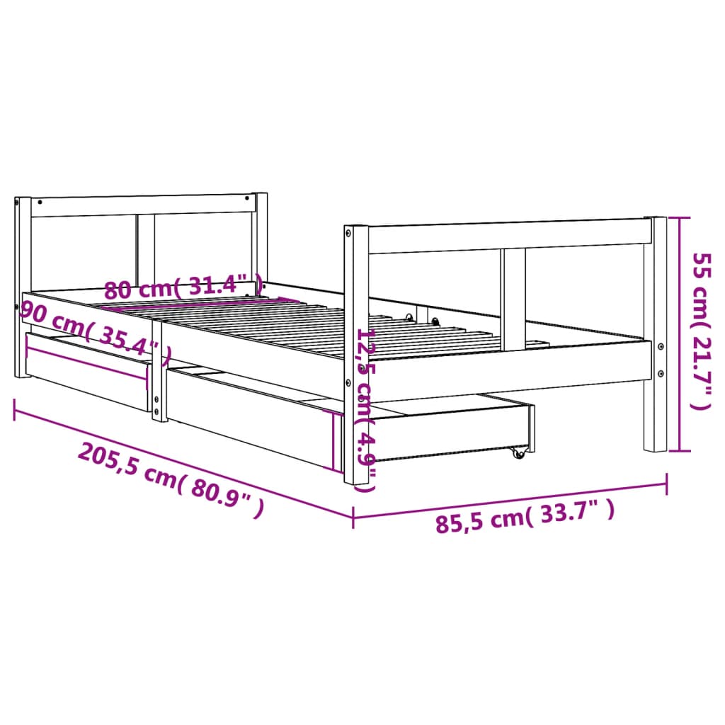 sengeramme til juniorseng m. skuffer 80x200 cm massivt fyr sort
