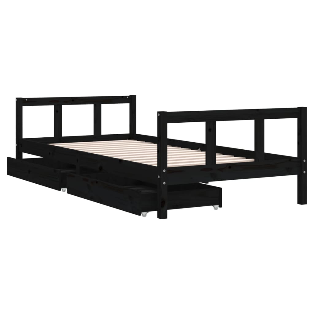 sengeramme til juniorseng m. skuffer 90x200 cm massivt fyr sort