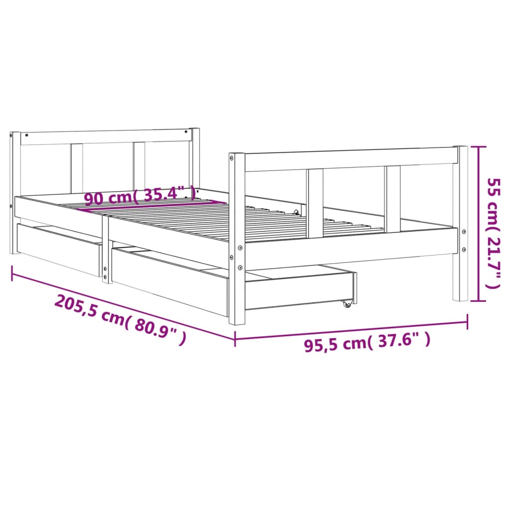 sengeramme til juniorseng m. skuffer 90x200 cm massivt fyr sort