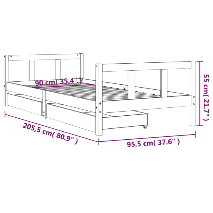 sengeramme til juniorseng m. skuffer 90x200 cm massivt fyr sort