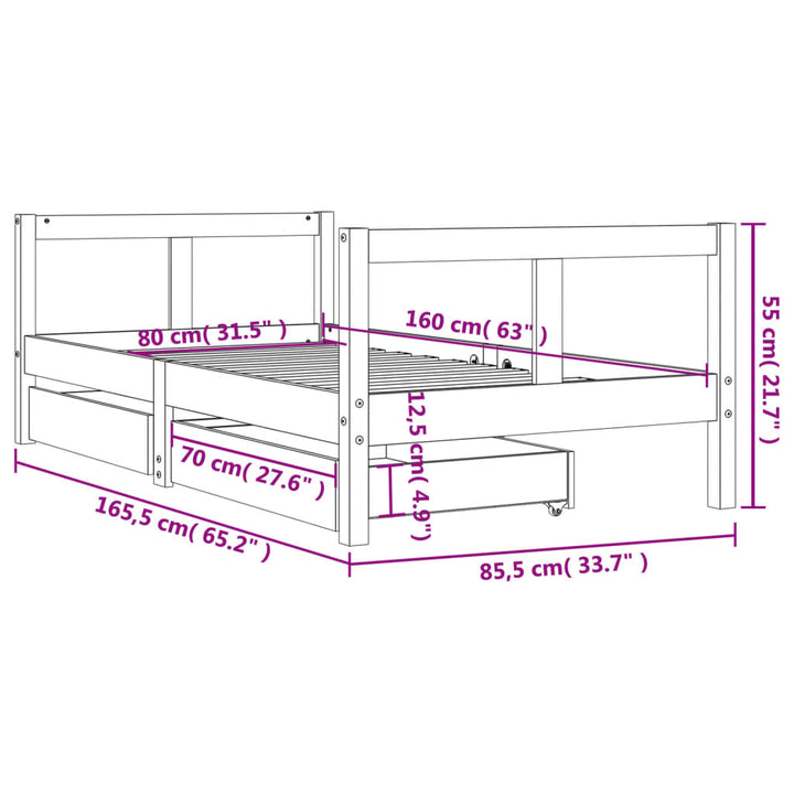 sengeramme til juniorseng m. skuffer 80x160 cm massivt fyr sort
