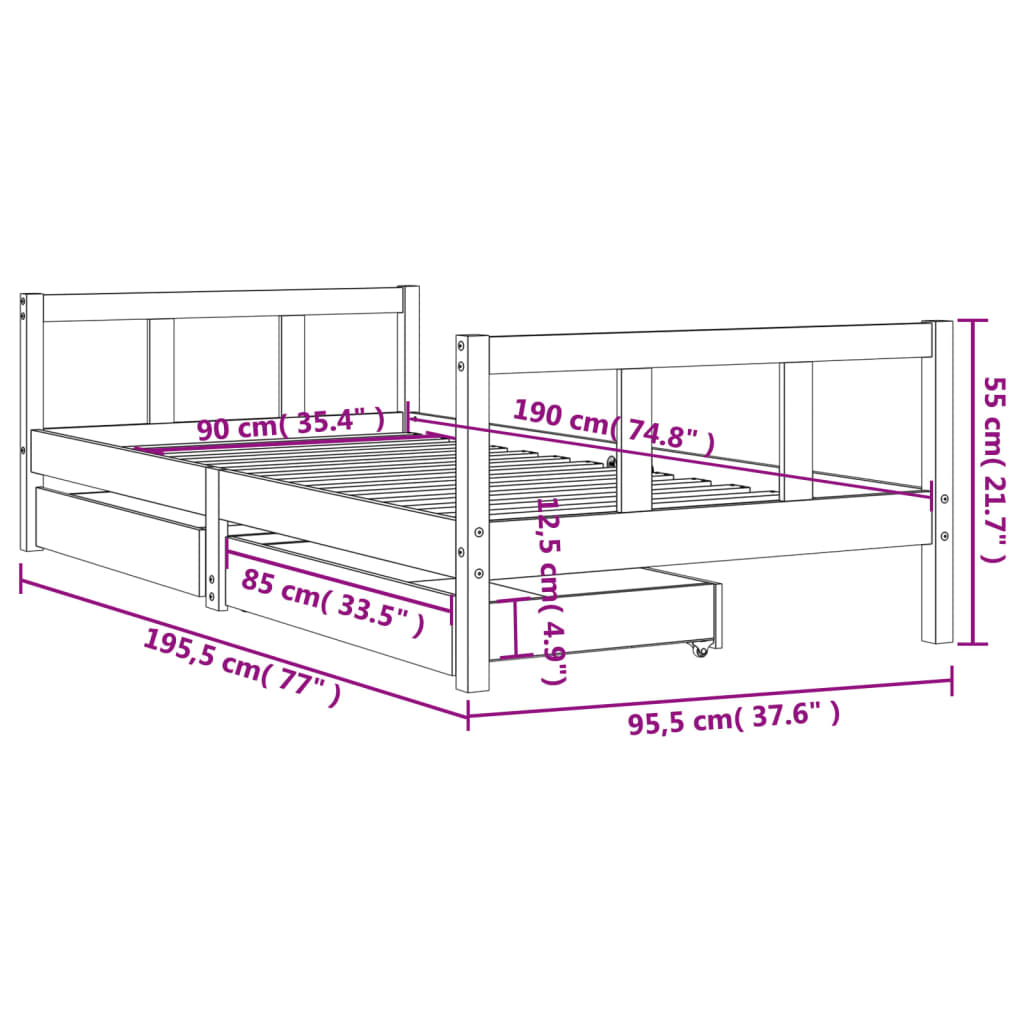 sengeramme til juniorseng m. skuffer 90x190 cm massivt fyr sort
