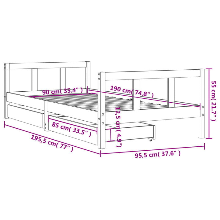 sengeramme til juniorseng m. skuffer 90x190 cm massivt fyr sort