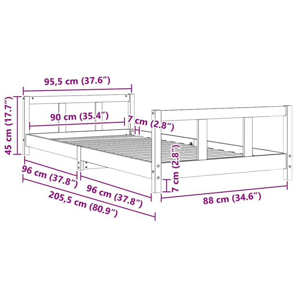 sengeramme til juniorseng 90x200 cm massivt fyrretræ