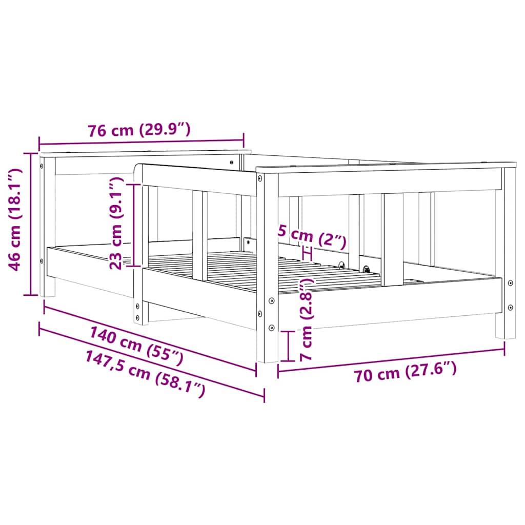 sengeramme til juniorseng 70x140 cm massivt fyrretræ hvid