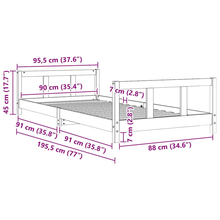 sengeramme til juniorseng 90x190 cm massivt fyrretræ