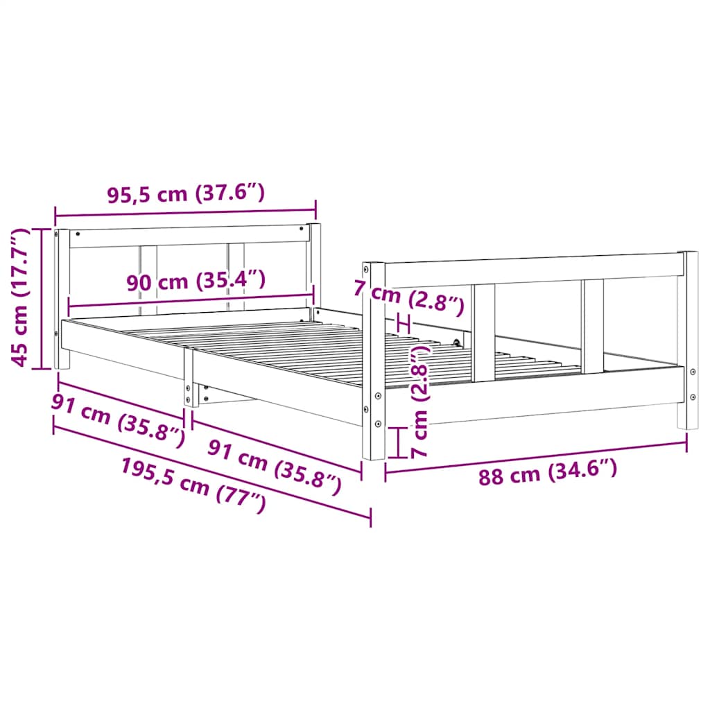 sengeramme til juniorseng 90x190 cm massivt fyrretræ hvid