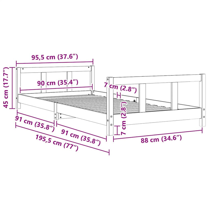 sengeramme til juniorseng 90x190 cm massivt fyrretræ hvid