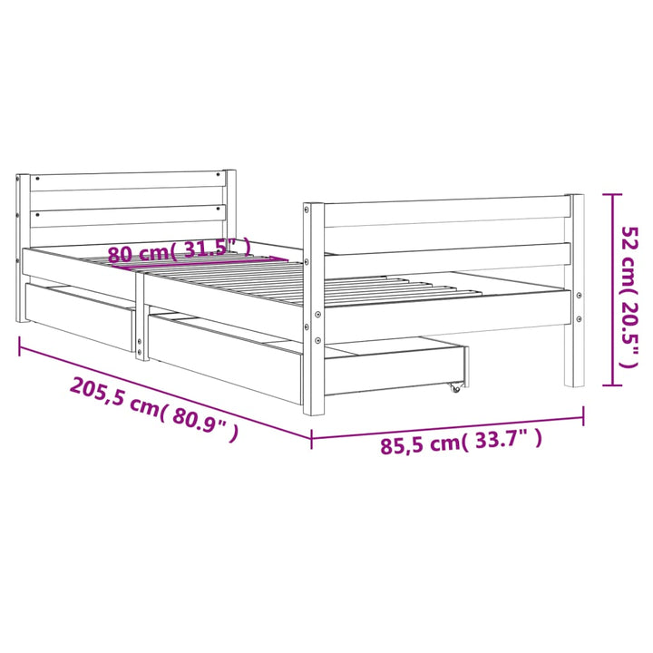 sengeramme til juniorseng m. skuffer 80x200 cm massivt fyr