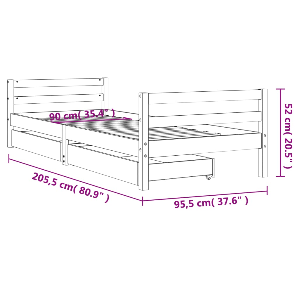 sengeramme til juniorseng m. skuffer 90x200 cm massivt fyr