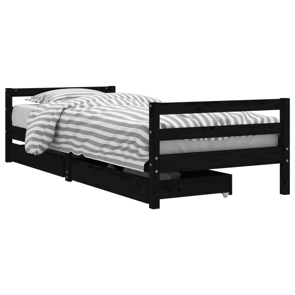 sengeramme til juniorseng m. skuffer 90x200 cm massivt fyr sort