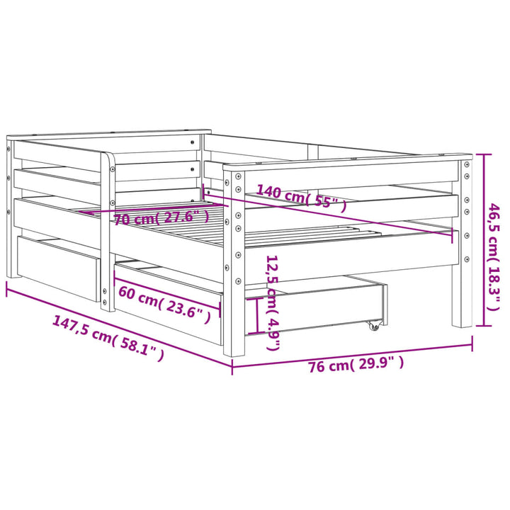 sengeramme til juniorseng m. skuffer 70x140 cm massivt fyr hvid