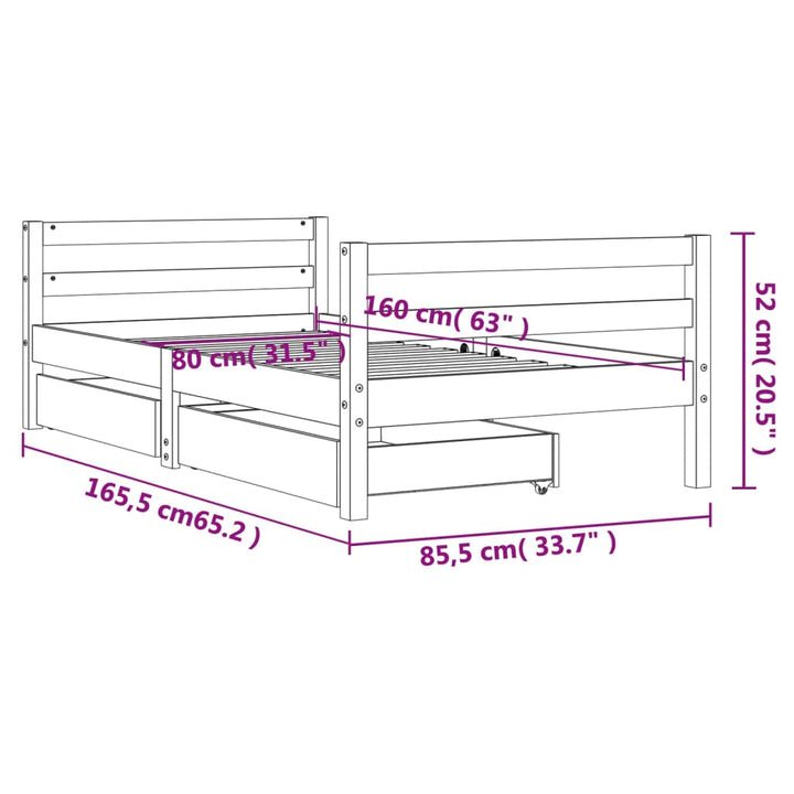 sengeramme til juniorseng m. skuffer 80x160 cm massivt fyr hvid