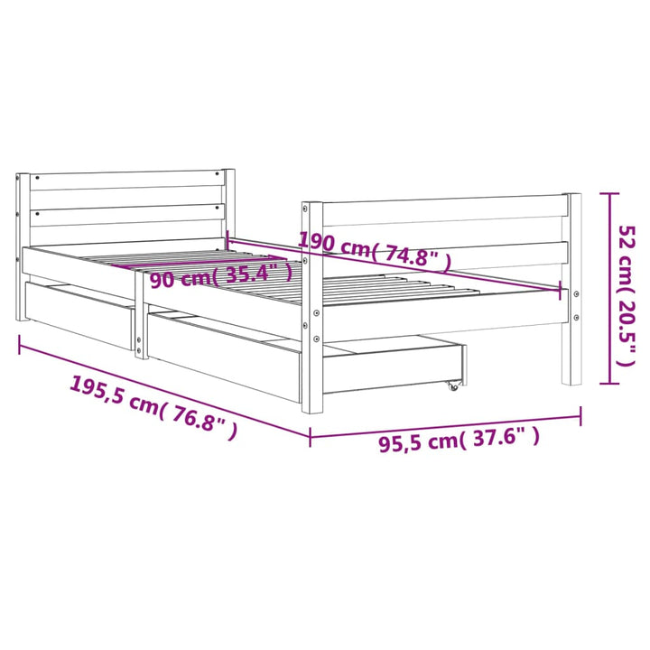 sengeramme til juniorseng m. skuffer 90x190 cm massivt fyr