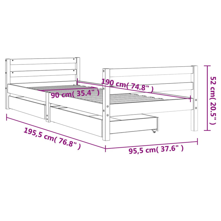 sengeramme til juniorseng m. skuffer 90x190 cm massivt fyr hvid