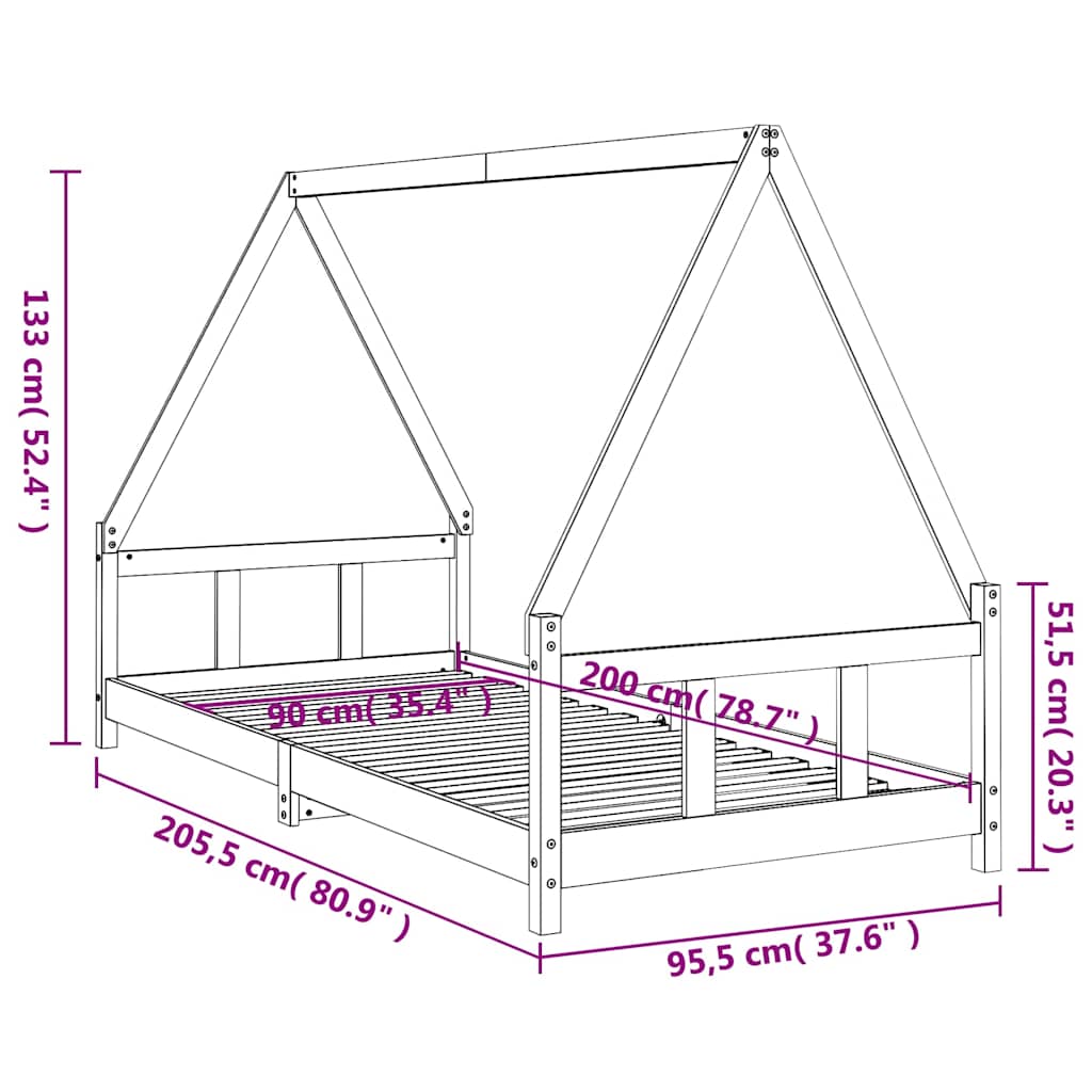 sengeramme til juniorseng 90x200 cm massivt fyrretræ