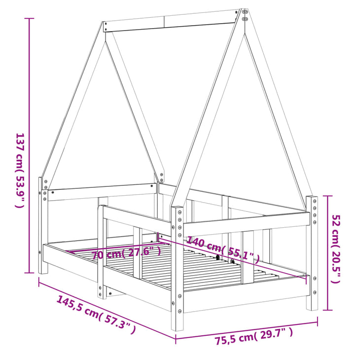 sengeramme til juniorseng 70x140 cm massivt fyrretræ hvid