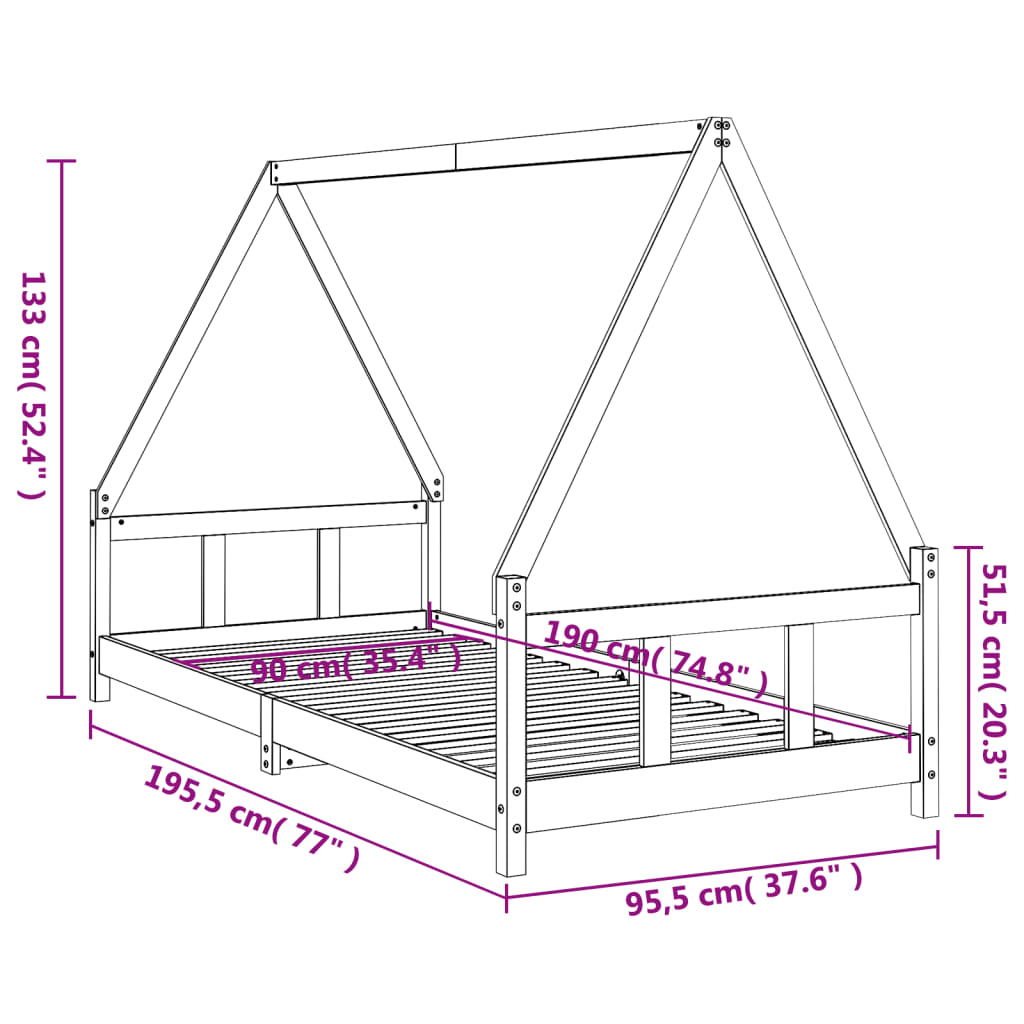 sengeramme til juniorseng 90x190 cm massivt fyrretræ sort