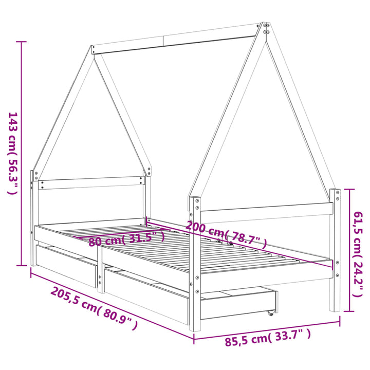 sengeramme til juniorseng m. skuffer 80x200 cm massivt fyr hvid