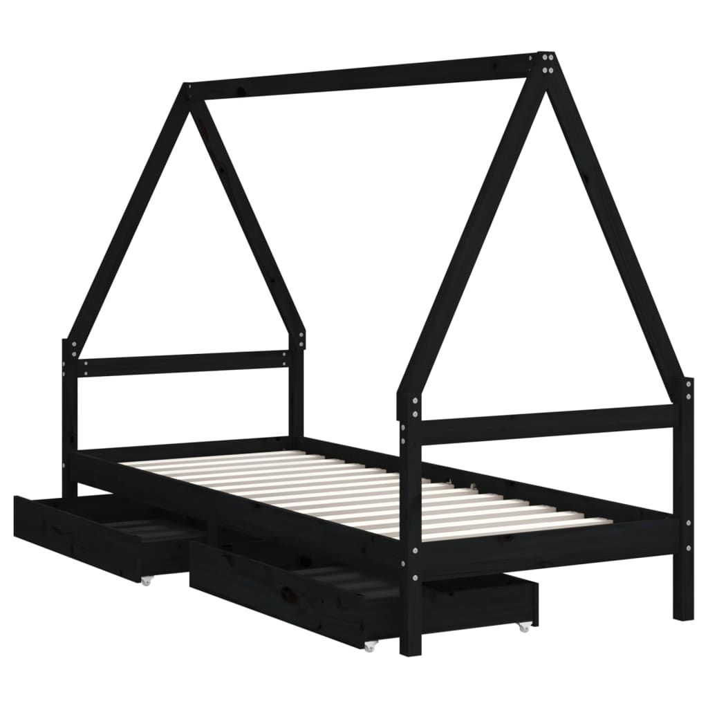 sengeramme til juniorseng m. skuffer 80x200 cm massivt fyr sort