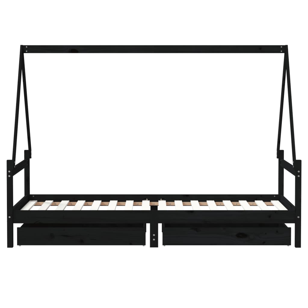 sengeramme til juniorseng m. skuffer 80x200 cm massivt fyr sort