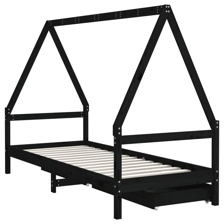 sengeramme til juniorseng m. skuffer 80x200 cm massivt fyr sort