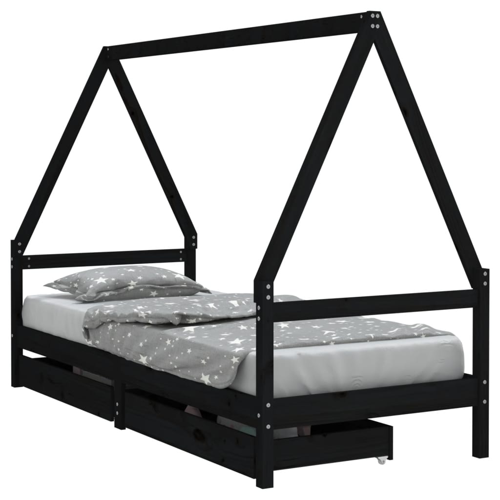 sengeramme til juniorseng m. skuffer 90x200 cm massivt fyr sort