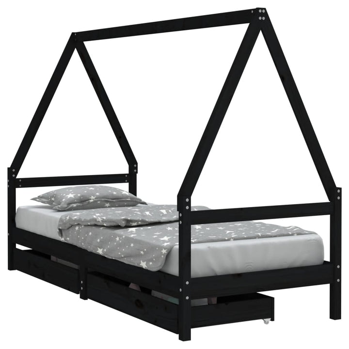 sengeramme til juniorseng m. skuffer 90x200 cm massivt fyr sort