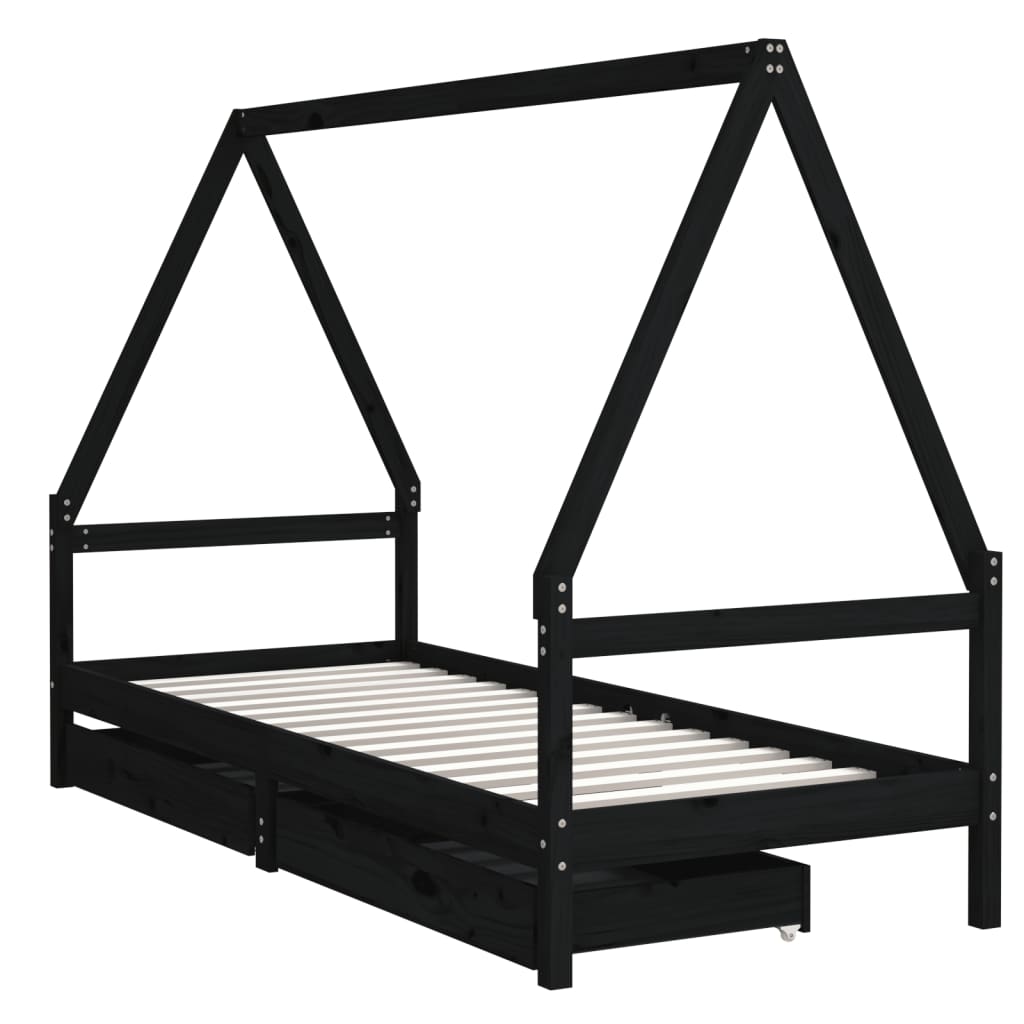 sengeramme til juniorseng m. skuffer 90x200 cm massivt fyr sort