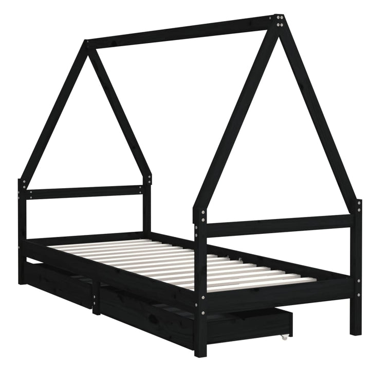 sengeramme til juniorseng m. skuffer 90x200 cm massivt fyr sort