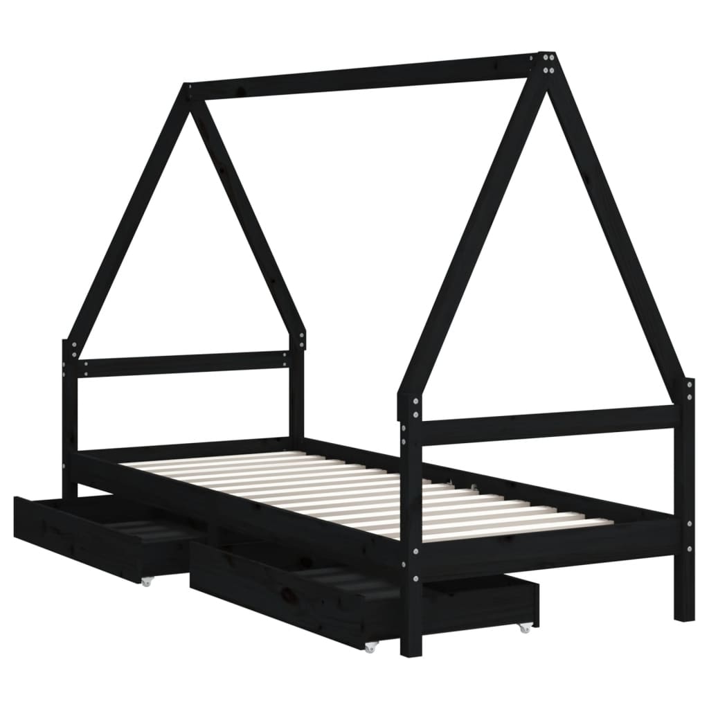sengeramme til juniorseng m. skuffer 90x200 cm massivt fyr sort
