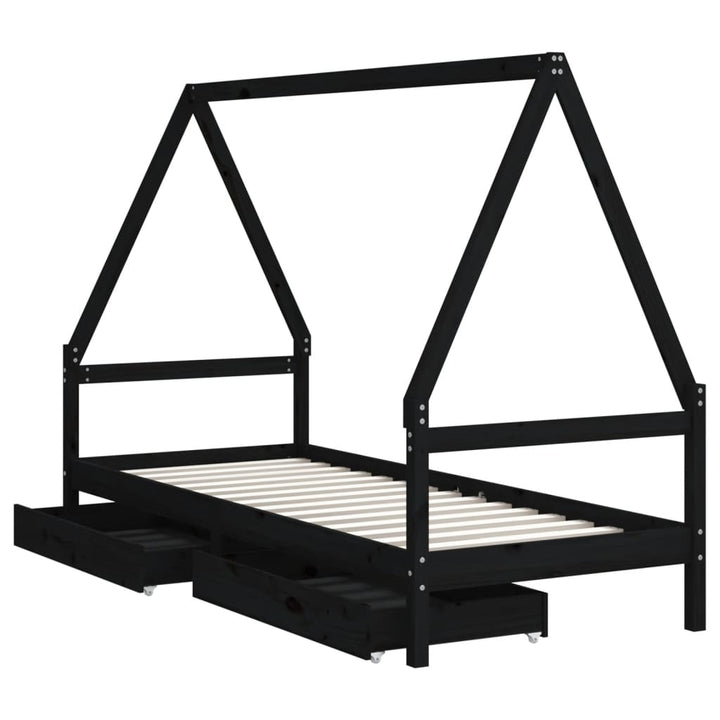 sengeramme til juniorseng m. skuffer 90x200 cm massivt fyr sort
