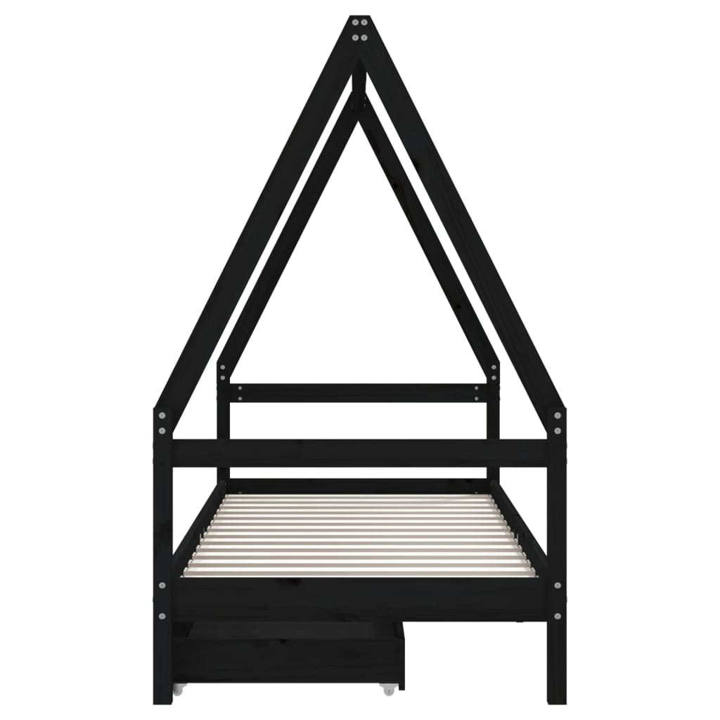 sengeramme til juniorseng m. skuffer 90x200 cm massivt fyr sort