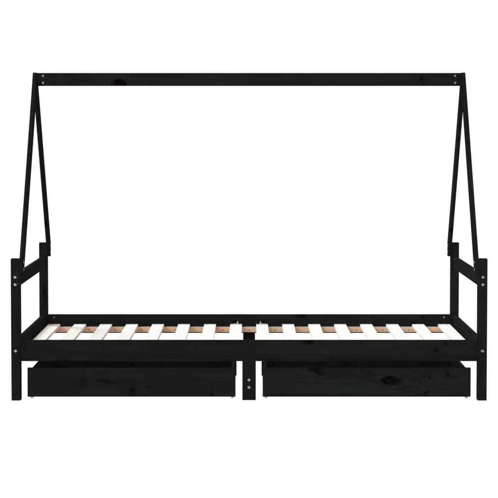 sengeramme til juniorseng m. skuffer 90x200 cm massivt fyr sort