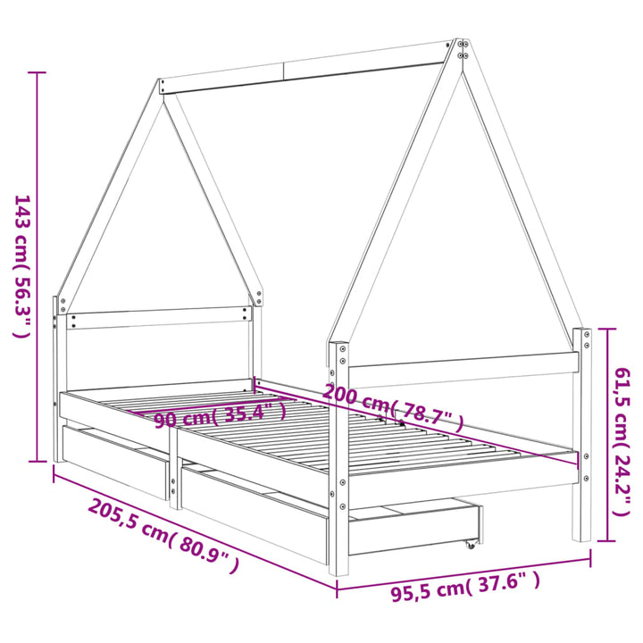 sengeramme til juniorseng m. skuffer 90x200 cm massivt fyr sort