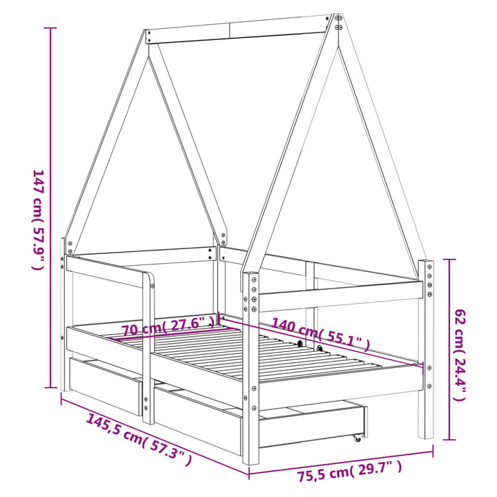 sengeramme til juniorseng m. skuffer 70x140 cm massivt fyr
