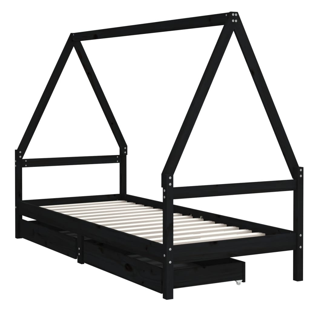 sengeramme til juniorseng m. skuffer 90x190 cm massivt fyr sort